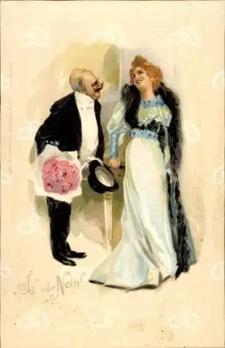 Ak Ja oder Nein, älterer Mann mit Blumenstrauß, Frau, Liebespaar