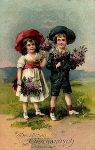 Ak Glückwunsch Geburtstag, Kinder, Blumen, Flieder