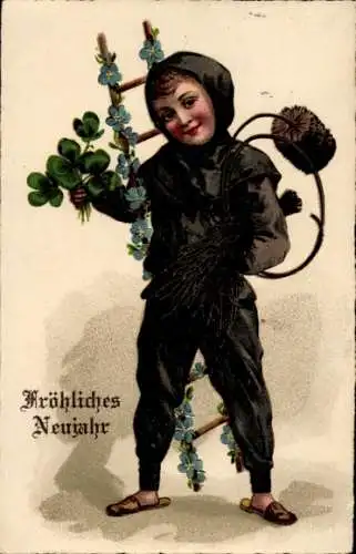 Ak Glückwunsch Neujahr, Schornsteinfeger, Kleeblätter