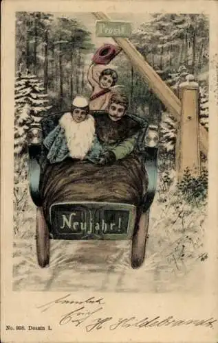 Ak Glückwunsch Neujahr, Paar im Auto, Engel, Wald