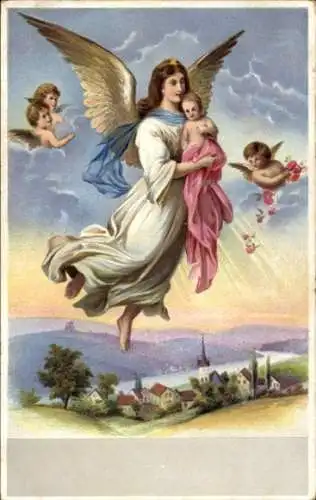 Ak Engel, Schutzengel, Kind, Kitsch