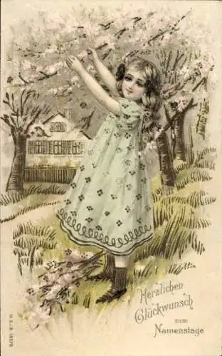 Präge Ak Glückwunsch Namenstag, Mädchen, Blühender Baum