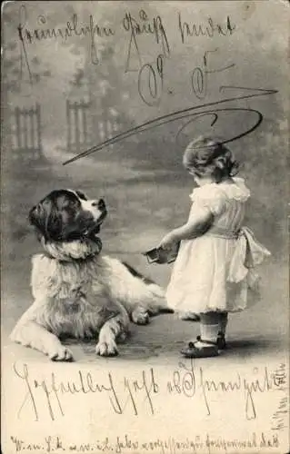 Ak Mädchen in weißem Kleid, Hund
