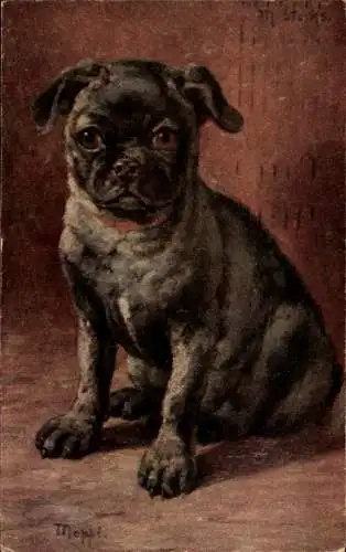 Künstler Ak Meppi, Schwarzer Hund, Gemaltes Porträt