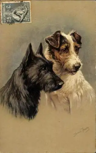 Künstler Ak Hundeportrait, zwei Terrier