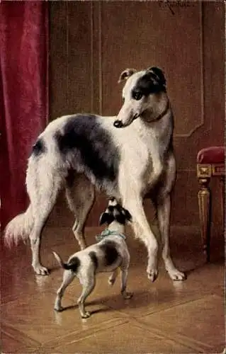 Künstler Ak Reichert, Windhund mit kleinem Terrier