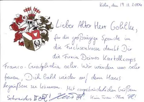 Studentika Ak Köln Marienburg, Corps Franco Guestphalia, Pferdmengesstraße 18, Wappen, WSC