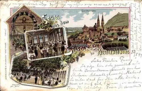 Litho Klosterneuburg in Niederösterreich, Stiftskeller, Veranda mit Saal, Fass