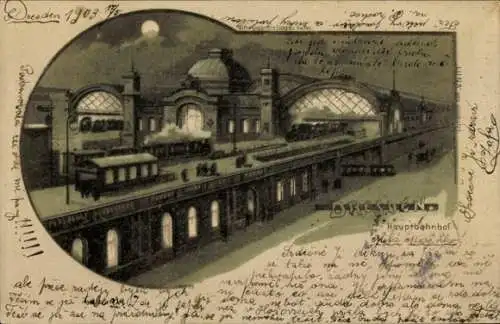 Halt gegen das Licht Mondschein Litho Dresden Altstadt, Hauptbahnhof bei Nacht