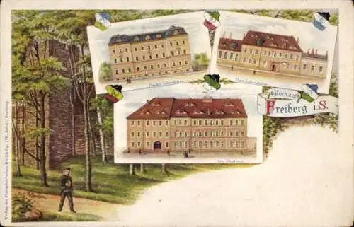 Litho Freiberg Erzgebirge, Bergmann, Berg Akademie
