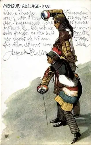 Studentika Künstler Ak Mensur Auslage los, Studenten mit Schläger, Degen