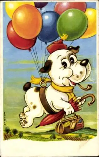 Künstler Ak Michaelis, Vermenschlichter Hund, Pfeife, Ballons, Reise