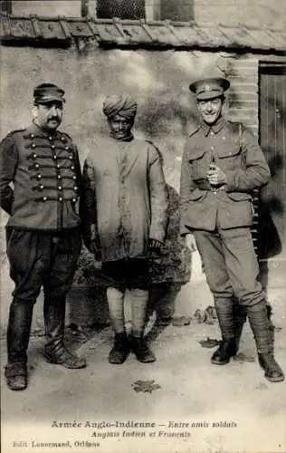 CPA Armée Anglo-Indienne, Entre amis soldats Anglais Indien et Français