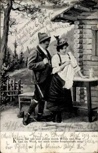 Ak Marckolsheim Markolsheim Elsass Bas Rhin, Liebespaar in Tracht, Jäger