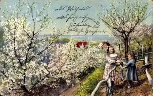 Ak Kinder im Garten, Baumblüte
