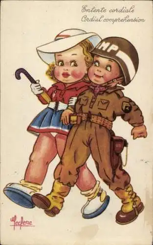 Künstler Ak Kinder, Liebespaar, Junge in Uniform