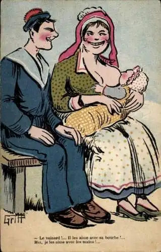 Künstler Ak Französischer Matrose, Frau stillt Kind, Humor