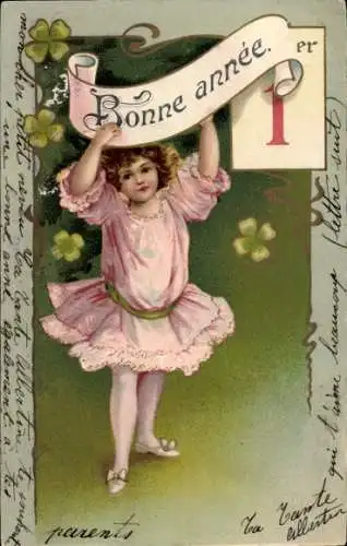 Ak Glückwunsch Neujahr, Mädchen, Kalender, Glücksklee