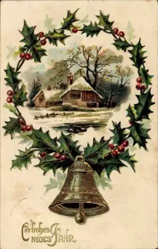 Präge Ak Glückwunsch Neujahr, Glocke, Stechpalme, Häuser