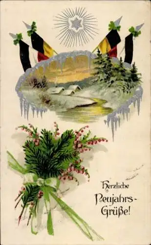 Ak Herzliche Neujahrsgrüße, Dorf im Schnee, Fahnen, Stern