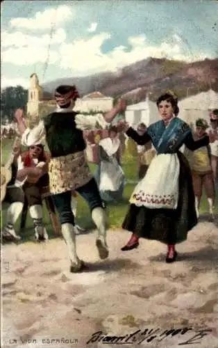 Ak Spanische Tracht, Tanzende Menschen, Musiker