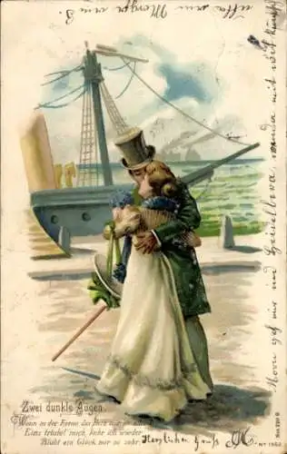 Litho Liebespaar, Hafen, Segelboot, Küssen