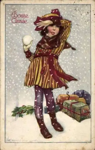 Künstler Ak Glückwunsch Neujahr, Mädchen, Schneeball, Geschenke