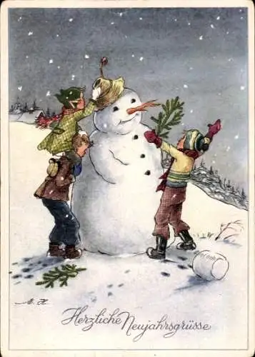 Künstler Ak Glückwunsch Neujahr, Schneemann, Kinder