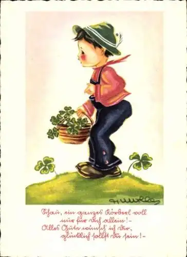 Künstler Ak Junge mit Korb, Glücksklee