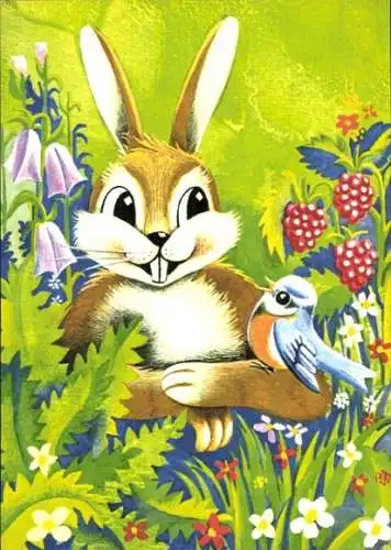 Ak Glückwunsch Ostern, Hase mit Vogel, Blumen