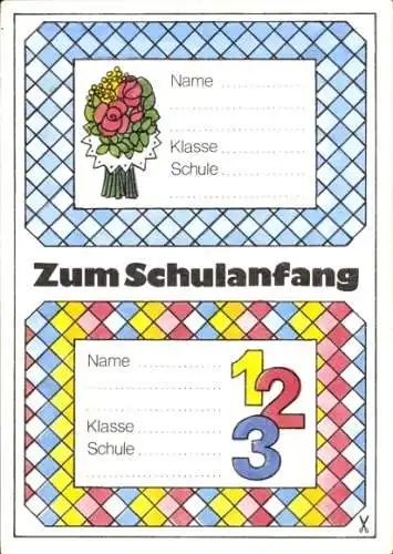 Ak Glückwunsch zum Schulanfang, Namensetiketten zum Ausschneiden