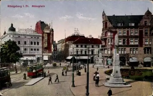 Ak Kaliningrad Königsberg Ostpreußen, Münzplatz, Straßenbahn, Statue