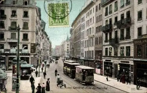 Ak Genève Genf Stadt, Rue du Marché, Straßenbahn