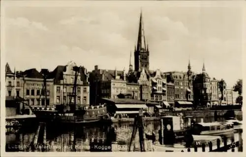 Ak Hansestadt Lübeck, Untertrave, Hanse-Kogge, Stadtansicht, alte Architektur
