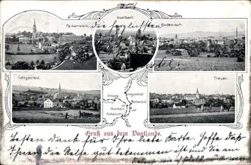 Ak Auerbach im Vogtland, Postkarte mit Landschaftsbildern, Orte  Falkenstein, Rodewisch, Treuen