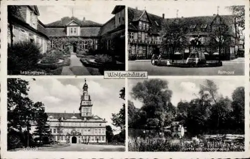 Ak Wolfenbüttel in Niedersachsen, Rathaus, Lessinghaus, Partie am Wasser, historische Architektur