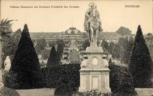 Ak Potsdam Sanssouci, Schloss Sanssouci, Denkmal Friedrich des Großen, Gärten, Architektur