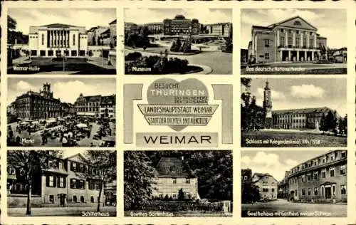 Ak Weimar in Thüringen, Museum, Das Deutsche Nationaltheater, Schloss, Kriegerdenkmal, Schillerhaus