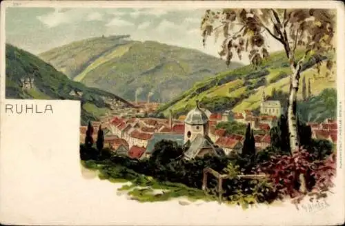 Ak Ruhla in Thüringen, Berglandschaft, Stadtansicht, Häuser, Kirche, grüne Berge