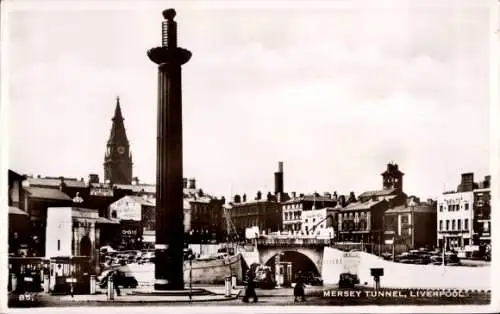 Ak Liverpool Merseyside England, Mersey Tunnel, große Säule, historische Gebäude, Uhrturm