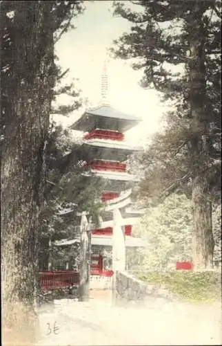 Ak Japan, Pagode, Bäume, Garten