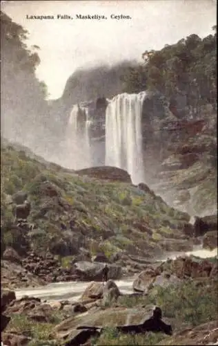 Ak Maskeliya Ceylon, man standing by the Laxapana Falls