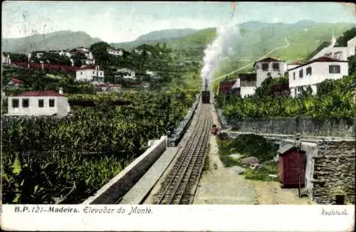 Ak Funchal Insel Madeira Portugal, Elevador do Monte, Eisenbahnstrecke, Häuser im Hintergrund,...