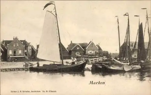 Ak Marken Nordholland Niederlande, Häuser am Wasser, Schiffe, Segelboote, ruhige Landschaft
