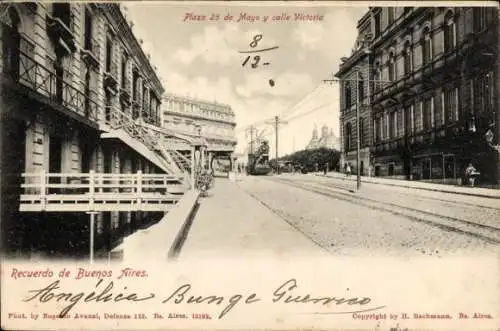 Ak Buenos Aires Argentinien, Plaza 25 de Mayo, calle Victoria, historische Gebäude, Straßenbah...