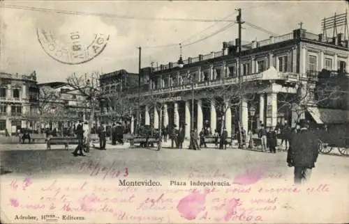 Ak Montevideo Uruguay, Plaza Independencia, historische Gebäude, Straßenansicht, Menschen, Fah...