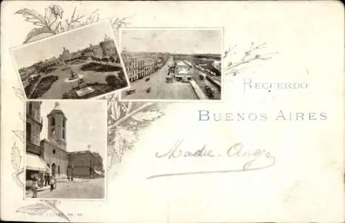 Ak Buenos Aires Argentinien, Drei Bilder, Stadtansicht, Brunnen, Straße, Architektur