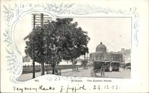 Ak Brisbane Australien, The Custom House, Pferdekutschen, Stadtansicht, Bäume