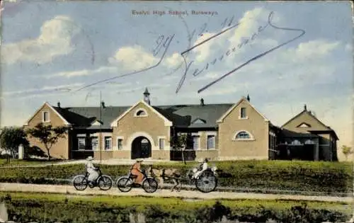 Ak Bulawayo Simbabwe, Evelyn High School, drei Radfahrer, Pferd mit Wagen