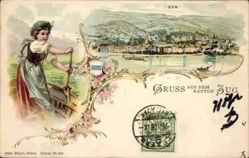 Ak Zug Stadt Schweiz, Frau mit Ruder, Landschaft mit Städten, dekorative Blumenranken